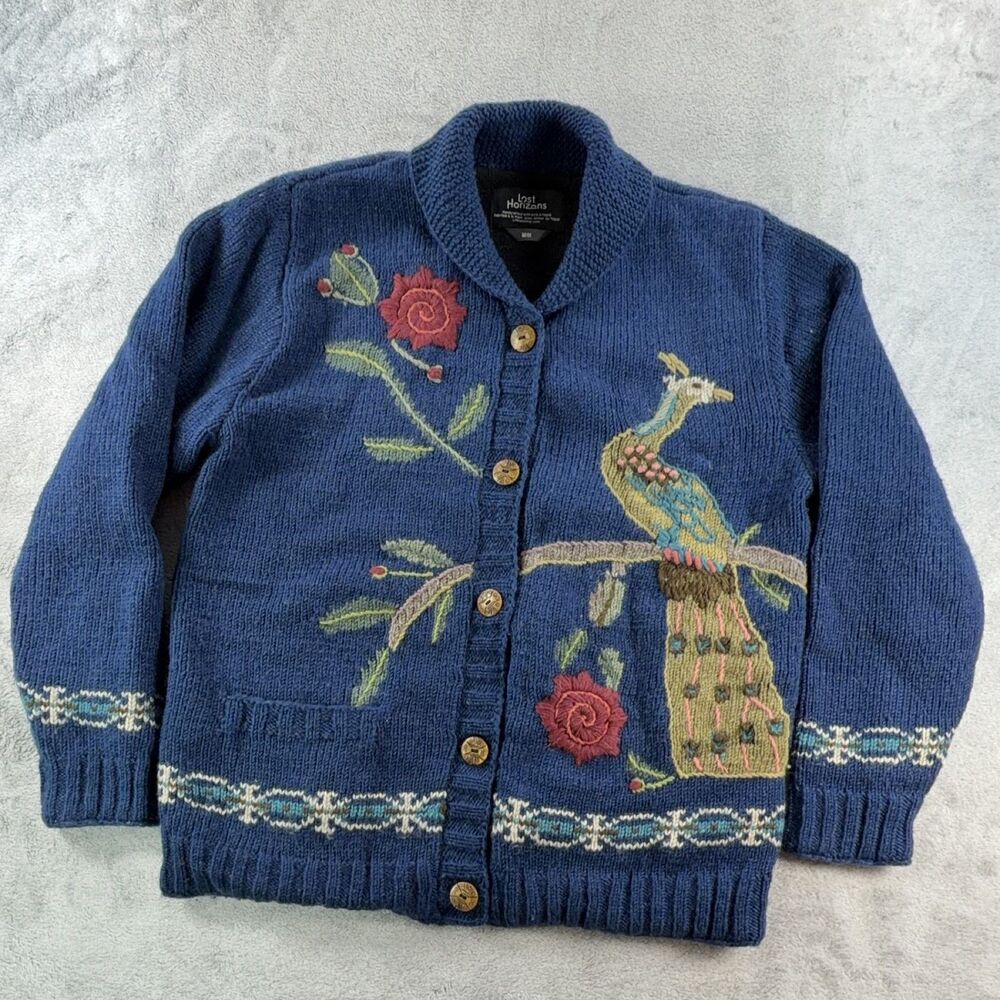 Lost Horizons Sweater Peacock Womens M Wool Hand Knit Nepal Embroidered Lined